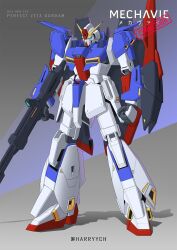 Rule 34 | arm shield, arms at sides, beam rifle, blue eyes, character name, clenched hand, commentary, commentary request, commission, energy gun, english commentary, full body, fusion, grey background, gun, gundam, gundam zz, harryych, highres, holding, holding gun, holding weapon, mecha, mixed-language commentary, mobile suit, no humans, pixiv commission, purple background, robot, science fiction, shadow, solo, standing, twitter username, two-tone background, v-fin, weapon, zeta gundam, zeta gundam (mobile suit), zz gundam