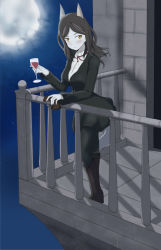 Rule 34 | 1girl, anshoiki, arrapago, balcony, black hair, blazer, boots, constantia cantacuzino, cup, drinking glass, gloves, jacket, moon, night, night sky, pale skin, pantyhose, skirt, sky, solo, strike witches, wine glass, world witches series, yellow eyes
