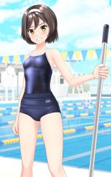 Rule 34 | 1girl, absurdres, black buruma, black hair, black one-piece swimsuit, blue sky, buruma, cameltoe, cloud, commentary request, competition school swimsuit, cowboy shot, day, fantia commission, feet out of frame, grin, hairband, highres, kantai collection, lane line, looking at viewer, mop, one-piece swimsuit, outdoors, pool, school swimsuit, short hair, sky, smile, solo, string of flags, swimsuit, swimsuit under clothes, takafumi, tanikaze (kancolle), white hairband, yellow eyes