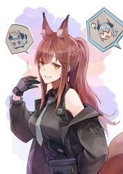 Rule 34 | +++, 2girls, animal ears, arknights, bare shoulders, black gloves, black jacket, black shirt, d:, dragon girl, dragon horns, e-bushi, extra ears, fox ears, fox girl, fox tail, franka (arknights), gloves, grey necktie, highres, horns, jacket, liskarm (arknights), long hair, looking at viewer, multiple girls, necktie, off shoulder, official alternate costume, open clothes, open jacket, open mouth, ponytail, red eyes, shirt, sidelocks, sleeveless, sleeveless shirt, smile, tail, teeth, upper body, upper teeth only, yellow eyes