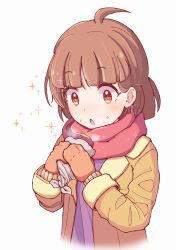 Rule 34 | 1girl, ahoge, atari (puyopuyo), brown coat, brown eyes, brown hair, brown mittens, coat, cropped torso, eyelashes, food, food on face, highres, holding, holding food, jazz grace, looking at food, mittens, purple shirt, puyopuyo, puyopuyo quest, red scarf, scarf, shirt, short hair, simple background, solo, sparkle, sweet potato, white background, winter clothes