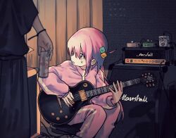 Rule 34 | 2girls, absurdres, blue eyes, bocchi the rock!, can, chair, gotoh hitori, guitar, gym uniform, hair ornament, hairclip, highres, instrument, jacket, long hair, multiple girls, pants, pink jacket, sitting, speaker, sweat, wristband, zongchi