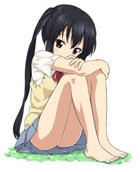 Rule 34 | 1girl, barefoot, black hair, brown eyes, clothes, feet, female focus, k-on!, long hair, mountain pukuichi, nakano azusa, no panties, school uniform, skirt, solo, toes, twintails, white background