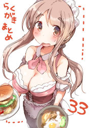 Rule 34 | 1girl, blurry, blush, breasts, brown eyes, brown hair, burger, cleavage, collarbone, depth of field, detached collar, detached sleeves, dress, egg, food, frilled dress, frilled sleeves, frills, holding, holding plate, large breasts, long hair, looking at viewer, maid headdress, matsumoto yoriko, open mouth, plate, ponytail, sidelocks, solo, sweatdrop, tatsunokosso, thick eyebrows, translation request, white background, yuyushiki