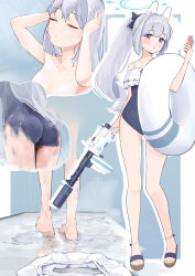 Rule 34 | 1girl, absurdres, ass, barefoot, blue archive, blue bow, blue eyes, blue one-piece swimsuit, bodypaint, bow, breasts, casual one-piece swimsuit, cellphone, collarbone, feet, frilled one-piece swimsuit, frills, grey hair, gun, hair bow, halo, highres, holding, holding gun, holding phone, holding weapon, inset, legs, long hair, looking at viewer, miyako (blue archive), miyako (swimsuit) (blue archive), multiple views, naked paint, one-piece swimsuit, painted clothes, phone, ponytail, ryh4, sandals, showering, small breasts, smartphone, soles, swimsuit, thighs, toes, very long hair, weapon, weapon request