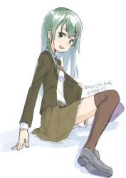 Rule 34 | 1girl, brown jacket, brown skirt, brown thighhighs, commentary request, dated, green eyes, green hair, grey footwear, hair between eyes, hair ornament, hairclip, jacket, kangoku kou, kantai collection, long hair, looking at viewer, one-hour drawing challenge, red ribbon, ribbon, shadow, shirt, sitting, skirt, smile, solo, suzuya (kancolle), thighhighs, twitter username, white background, white shirt, zettai ryouiki