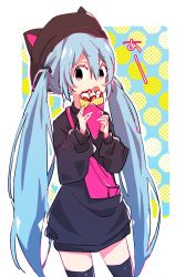 Rule 34 | 1girl, 3774., animal ears, animal hat, aqua eyes, aqua hair, bag, black hat, black sweater, black thighhighs, cat ears, cat hat, commentary, cowboy shot, crepe, food, fruit, hat, hatsune miku, holding, holding food, long hair, open mouth, pink bag, shoulder bag, sideways glance, solo, standing, strawberry, sweater, thighhighs, translated, twintails, very long hair, vocaloid, zettai ryouiki