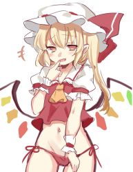 Rule 34 | +++, 1girl, ascot, blonde hair, blush, bow, brown eyes, commentary request, cowboy shot, fang, flandre scarlet, groin, hand up, hat, hat bow, long hair, looking at viewer, mob cap, navel, no pants, open mouth, panties, paragasu (parags112), red bow, red panties, shirt, short sleeves, side-tie panties, side ponytail, simple background, smile, solo, stomach, touhou, underwear, white background, white hat, wristband