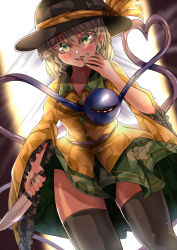 Rule 34 | 1girl, absurdres, backlighting, black hat, black thighhighs, breasts, collared shirt, commentary request, cowboy shot, eyeball, floral print, frilled shirt collar, frilled sleeves, frills, green eyes, green nails, green skirt, hair between eyes, hat, hat ribbon, heart, heart of string, highres, holding, holding knife, knife, komeiji koishi, light green hair, long sleeves, looking at viewer, mahoro (minase mahoro), medium breasts, medium hair, nail polish, open mouth, print skirt, ribbon, rose print, shirt, skirt, solo, teeth, thighhighs, thighs, third eye, touhou, upper teeth only, wide sleeves, yellow ribbon, yellow shirt