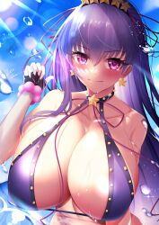 Rule 34 | 1girl, bb (fate), bb (fate/extra), bikini, black choker, black gloves, blue sky, breasts, choker, cleavage, fate/grand order, fate (series), fingerless gloves, gloves, highres, large breasts, lee-taro, light rays, light smile, long hair, looking at viewer, marine day, purple bikini, purple eyes, purple hair, sky, solo, sunlight, swimsuit