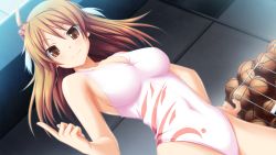 Rule 34 | 1girl, ahoge, ball, basketball, basketball (object), breasts, brown eyes, brown hair, cleavage, closed mouth, collarbone, covered navel, dutch angle, floating hair, game cg, hair between eyes, hair ornament, hand on own hip, hatozuki tsumiki, impossible clothes, impossible swimsuit, index finger raised, indoors, kitagawa akari, large breasts, leotard, long hair, looking at viewer, pink leotard, print leotard, sideboob, smile, solo, soukoku no arterial, standing, swimsuit