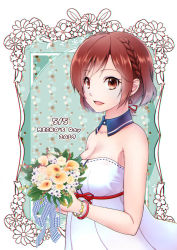 Rule 34 | 1girl, 2019, bouquet, braid, brown eyes, brown hair, commentary, date pun, detached collar, dress, floral background, flower, framed, from side, hair ribbon, holding, holding bouquet, kisaragitsubasa, lipstick, looking at viewer, makeup, meiko (vocaloid), number pun, ribbon, short hair, sleeveless, sleeveless dress, smile, solo, upper body, vocaloid, white dress