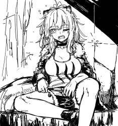 Rule 34 | 1girl, animal ears, arknights, breasts, candy, choker, food, greyscale, halftone, high contrast, jacket, large breasts, lion ears, lion tail, lollipop, long hair, monochrome, one eye closed, open mouth, shorts, siege (arknights), sitting, sketch, solo, tail, tank top, tearing up, twitter username, yom (ymayma00ss)