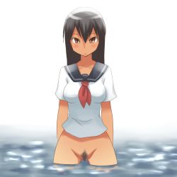 Rule 34 | 1girl, aaaa (quad-a), arms at sides, bad id, bad pixiv id, black hair, bottomless, brown eyes, female pubic hair, hair between eyes, highres, neckerchief, no panties, original, pubic hair, red neckerchief, school uniform, serafuku, solo, standing, submerged, uncensored, wading, water