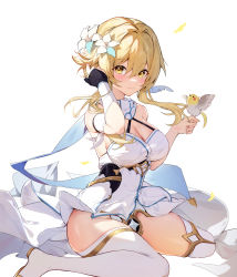 Rule 34 | 1girl, absurdres, bare shoulders, bird, bird on hand, blonde hair, blush, boots, breasts, cleavage, closed mouth, cockatiel, detached sleeves, dress, feathers, floating hair, flower, genshin impact, groin, hair flower, hair ornament, hand in own hair, highres, houkisei, large breasts, looking at viewer, lumine (genshin impact), medium hair, parrot, scarf, sidelocks, simple background, single detached sleeve, sitting, skindentation, smile, solo, thigh boots, thighhighs, thighs, wariza, white background, white dress, white scarf, white thighhighs, yellow eyes, yellow feathers