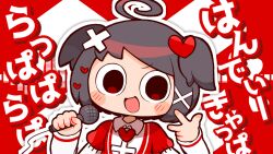 Rule 34 | 1boy, ahoge, black eyes, black hair, collared shirt, hair ornament, handy capper (vocaloid), heart, heart hair ornament, holding, holding microphone, long sleeves, looking at viewer, microphone, no pupils, open mouth, original, oyo-kun, pepoyo, puffy short sleeves, puffy sleeves, red shirt, shirt, short hair, short sleeves, short twintails, single eyebrow, smile, solo, swept bangs, twintails, vocaloid, w, white shirt, x hair ornament