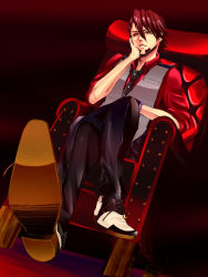 Rule 34 | 10s, 1boy, 40mame, armchair, bracelet, brown hair, chair, dark persona, ebitetsu, facial hair, jewelry, kaburagi t. kotetsu, crossed legs, male focus, necktie, red eyes, red upholstery, saddle shoes, shoes, short hair, sitting, solo, spoilers, stubble, tiger &amp; bunny, vest, waistcoat, watch, wristwatch