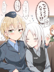 Rule 34 | !?, 10s, 3girls, blush, brave witches, caught, commentary, couch, edytha rossmann, closed eyes, flying sweatdrops, green eyes, gundula rall, height difference, highres, indoors, light brown hair, looking to the side, military, military uniform, multiple girls, neck ribbon, o o, orange hair, ribbon, short hair, side-by-side, silver hair, sitting, sleeping, sleeping on person, sweatdrop, uniform, vest, waltrud krupinski, world witches series, yasaka shuu, zzz