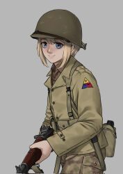 Rule 34 | 1girl, blonde hair, blue eyes, camouflage, camouflage pants, canteen, closed mouth, green jacket, grey background, gun, helmet, highres, holding, holding gun, holding weapon, jacket, long sleeves, looking at viewer, m1 garand, m1 helmet, mardjan, military, combat helmet, military jacket, military uniform, original, pants, rifle, simple background, smile, uniform, united states army, upper body, weapon, world war ii