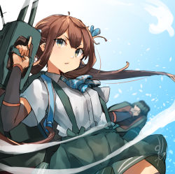 Rule 34 | 1girl, adapted turret, arm warmers, asagumo (kancolle), ascot, blue ribbon, brown hair, cannon, grey eyes, hair between eyes, hair ribbon, highres, kantai collection, long hair, looking at viewer, machinery, pleated skirt, ribbon, rigging, shirt, skirt, smokestack, solo, sunday aki, suspenders, torpedo launcher, torpedo tubes, turret, twintails, upper body, white shirt