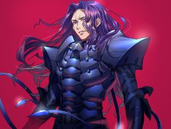 Rule 34 | 1boy, armor, breastplate, eyes visible through hair, fate/zero, fate (series), floating hair, highres, lancelot (fate/zero), long hair, male focus, parted bangs, parted lips, pauldrons, purple hair, red background, shoulder armor, simple background, solo, spoilers, tenobe, upper body
