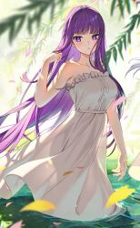 Rule 34 | 1girl, arm at side, bare arms, bare shoulders, blunt bangs, blurry, blurry foreground, breasts, bright pupils, buttons, collarbone, day, dress, falling petals, fern (sousou no frieren), floating hair, frills, hand in own hair, hand up, highres, light blush, long dress, long hair, looking at viewer, medium breasts, outdoors, parted lips, petals, plant, purple eyes, purple hair, ripples, rosuuri, sleeveless, sleeveless dress, solo, sousou no frieren, spaghetti strap, standing, straight hair, strap slip, sundress, sunlight, swept bangs, twitter username, very long hair, wading, water, water drop, white dress
