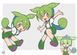 Rule 34 | 1girl, :3, :d, animal ears, arm up, blouse, boots, border, bright pupils, chibi, green footwear, green hair, green shorts, high-waist shorts, leaning forward, blue background, looking at viewer, miyata (lhr), open mouth, orange eyes, outside border, shirt, short sleeves, shorts, simple background, smile, solo, suspender shorts, suspenders, tail, voiceroid, white border, white pupils, white shirt, zundamon