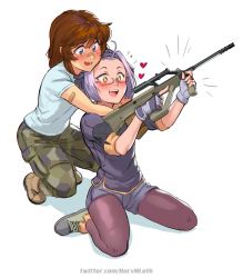 Rule 34 | 2girls, assault rifle, bandaid, bandaid on face, bandaid on nose, blush, boots, borrowed character, brooke (mleth), bullpup, camouflage, camouflage pants, cargo pants, commentary, dolphin shorts, english commentary, extended barrel, fingerless gloves, freckles, full body, gloves, gun, heart, highres, holding, holding gun, holding weapon, hug, hug from behind, mleth, multiple girls, nose blush, original, pants, pantyhose, pantyhose under shorts, red-framed eyewear, rifle, semi-rimless eyewear, shirt, short hair, shorts, sitting, steyr aug, t-shirt, under-rim eyewear, wariza, weapon, x95 (jarv), yuri