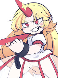 Rule 34 | 1girl, blonde hair, blush stickers, chahan (fried rice0614), chain, clenched hand, cuffs, cup, grin, highres, holding, holding cup, horns, hoshiguma yuugi, long hair, one-hour drawing challenge, puffy short sleeves, puffy sleeves, red eyes, red horns, sakazuki, see-through, see-through skirt, shackles, shirt, short sleeves, simple background, single horn, skirt, smile, solo, touhou, white background, white shirt