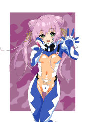 Rule 34 | 1girl, breasts, bright pupils, clenched hand, covered navel, double bun, fortified suit, green eyes, hair bun, hair ribbon, highres, kamon rider, long hair, muv-luv, muv-luv alternative, muv-luv alternative (anime), open hand, open mouth, ribbon, small breasts, smile, solo, tamase miki, thigh gap, twintails, white pupils, yellow ribbon