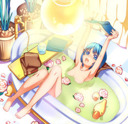 Rule 34 | 1girl, armpits, arms up, bath, blue eyes, blue hair, book, checkered floor, collarbone, feet, female focus, floor, flower, hair tie, holding, kawagoe pochi, matching hair/eyes, nude, open book, open mouth, original, plant, reading, rubber duck, short hair, solo, toes, towel, water