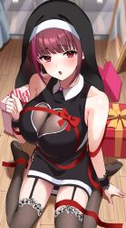 Rule 34 | 1girl, :o, absurdres, baby bottle, black dress, black garter straps, blurry, blurry background, blush, bottle, bow, box, breasts, brown hair, cleavage, clothing cutout, collared dress, dress, garter straps, gift, gift box, habit, heart cutout, highres, indie virtual youtuber, large breasts, milk krkr, multicolored hair, nun, pink eyes, pink hair, pink nails, red bow, red ribbon, ribbon, second-party source, see-through, see-through cleavage, shadow, sitting, sleeveless, sleeveless dress, solo, streaked hair, thighhighs, uuroncha, virtual youtuber, wariza, wooden floor