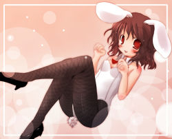 Rule 34 | 1girl, :3, animal ears, blush, bow, bowtie, brown hair, rabbit ears, rabbit tail, playboy bunny, female focus, fishnet pantyhose, fishnets, high heels, inaba tewi, pantyhose, red eyes, scarlet (studioscr), shoes, solo, tail, touhou