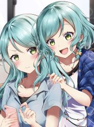 Rule 34 | 2girls, :d, aqua hair, bang dream!, blue shirt, blush, bow, braid, cellphone, collarbone, fang, frown, green eyes, hair bow, hand on another&#039;s shoulder, highres, hikawa hina, hikawa sayo, holding, holding phone, jewelry, long hair, mia (fai1510), multiple girls, necklace, open mouth, phone, plaid, plaid shirt, shirt, short hair, short sleeves, siblings, side braids, sisters, smartphone, smile, twins, upper body, v-shaped eyebrows, white shirt, yellow bow