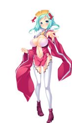 Rule 34 | 1girl, absurdres, aqua hair, bare shoulders, blue eyes, blush, boots, breasts, cleavage, dress, full body, glasses, hair ornament, highres, hikage eiji, jewelry, koihime musou, large breasts, looking at viewer, navel, outstretched hand, pelvic curtain, rikuson, shin koihime musou, short dress, short hair, smile, solo, transparent background, white legwear, wide sleeves
