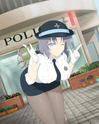 Rule 34 | 1girl, bend, blue eyes, bow, bowtie, breasts, cuffs, grey hair, handcuffs, hat, highres, large breasts, leaning forward, legs, legs together, looking at viewer, miniskirt, one eye closed, pantyhose, pointing, police, police hat, police uniform, policewoman, senran kagura, shirt, short hair, shuriken, side slit, skirt, smile, solo, standing, thighs, tight clothes, tight shirt, uniform, weapon, wink, yumi (senran kagura)