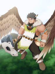 Rule 34 | 1boy, absurdres, animal skull, another eidos-r, baggy pants, bara, black hair, brown wings, dark-skinned male, dark skin, facial mark, feather hair ornament, feather necklace, feathered wings, feathers, flying, full body, fur collar, gin no hikari, green eyes, hair ornament, highres, holding, holding weapon, large pectorals, long sideburns, male focus, mature male, muscular, muscular male, native american, pants, pectorals, pelvic curtain, short hair, siddeley (another eidos), sideburns, sidepec, sleeveless, solo, spread wings, thick eyebrows, weapon, wings