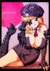 Rule 34 | 1girl, aida kan mori, arm support, bare shoulders, blonde hair, blue eyes, boots, bracelet, breasts, cleavage, costume, curvy, detached sleeves, dress, elbow gloves, english text, eyepatch, fingerless gloves, gloves, goth fashion, hat, head tilt, high heels, huge breasts, jewelry, knee boots, large breasts, leaning, lipstick, long hair, makeup, necktie, no bra, original, peaked cap, pencil skirt, police, police uniform, policewoman, shoes, short dress, short hair, skirt, skull, smile, solo, thighs, uniform
