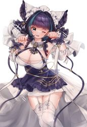 Rule 34 | 1girl, absurdres, animal ears, apron, aqua hair, azur lane, bare shoulders, breasts, cat ears, cheshire (azur lane), cleavage, detached sleeves, dress, fake animal ears, fang, frilled hairband, frills, garter straps, hairband, highres, large breasts, looking at viewer, nya nyan, one eye closed, paw pose, puffy detached sleeves, puffy short sleeves, puffy sleeves, purple apron, purple hair, shiny skin, short sleeves, simple background, skin fang, solo, thighhighs, thighs, white background, white dress, white thighhighs, wrist cuffs