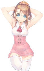 Rule 34 | 1girl, arm up, armpits, arms behind head, blue eyes, breasts, brown hair, dress, flower, hairband, looking at viewer, medium breasts, mitsumi misato, mouth hold, original, shirt, short dress, short hair, simple background, sleeveless, solo, thighhighs, white background, white shirt, white thighhighs, zettai ryouiki