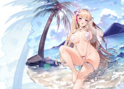 Rule 34 | 1girl, absurdres, bare shoulders, barefoot, blonde hair, blue sky, blush, bottle, breasts, cloud, cloudy sky, day, elf, full body, hair ornament, highres, holding, knee up, large breasts, looking at viewer, navel, ocean, open mouth, original, outdoors, palm tree, plastic bottle, pointy ears, purple eyes, revealing clothes, scan, see-through, simple background, sitting, sky, solo, sora 72-iro, stomach, swimsuit, thigh strap, toes, tree, water, water bottle, water drop, wet