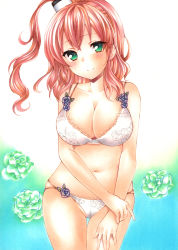 Rule 34 | 1girl, bare arms, bare shoulders, bra, breasts, cleavage, closed mouth, collarbone, cowboy shot, flower, green eyes, green flower, highres, kantai collection, large breasts, looking at viewer, marker (medium), medium hair, panties, partially visible vulva, purple flower, red hair, saratoga (kancolle), saya pr, skindentation, smile, solo, thigh gap, traditional media, underwear, white bra, white panties