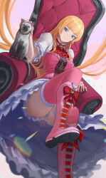 Rule 34 | 1girl, absurdres, blonde hair, blue eyes, boots, breasts, cat, cleavage, commentary, dress, emilie de rochefort, english commentary, fingerless gloves, gloves, highres, knee boots, long hair, looking at viewer, namco, on chair, petting, pink footwear, short sleeves, sitting, smile, tekken, tekken 5 (dark resurrection), tekken 6 (bloodline rebellion), tekken 7, tekken 8, tekken tag tournament 2, zaq (zaqsta)
