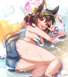 Rule 34 | 1girl, animal ear fluff, animal ears, bikini, black hair, blue archive, blue shorts, blush, breasts, denim, denim shorts, eyeshadow, fang, feet out of frame, fingernails, fox ears, fox shadow puppet, hair between eyes, halo, highres, izuna (blue archive), izuna (swimsuit) (blue archive), kneepits, looking at viewer, makeup, medium breasts, official alternate costume, open mouth, pink eyeshadow, pink halo, short hair, shorts, signature, smile, solo, striped bikini, striped clothes, swimsuit, wet, yellow eyes, yufukiri