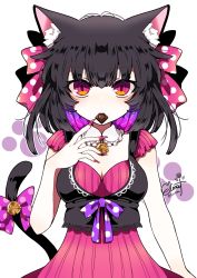 Rule 34 | 1girl, animal ear fluff, animal ears, bare arms, bell, black hair, bow, cat day, cat ears, cat girl, cat tail, chocolate, commentary request, detached collar, dress, elina (e2n04n), fingernails, hand up, highres, jingle bell, long fingernails, looking at viewer, medium hair, mouth hold, nail polish, original, paw print, pink dress, pink eyes, pink nails, polka dot, polka dot bow, ribbon, sharp fingernails, short sleeves, simple background, solo, tail, tail ornament, tail ribbon, upper body, white background