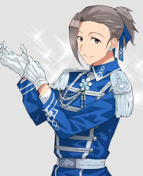 Rule 34 | 10s, 1boy, adjusting clothes, brown eyes, brown hair, double-breasted, earrings, epaulettes, gloves, grey background, hair ribbon, highres, idolmaster, idolmaster side-m, jewelry, looking at viewer, male focus, ponytail, ribbon, simple background, solo, sparkle, tsurusaki yuu, watanabe minori, white gloves