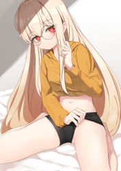 Rule 34 | 1girl, absurdres, auuufox, bare legs, barefoot, black shorts, blonde hair, closed mouth, clothes pull, crop top, crop top overhang, girls&#039; frontline, glasses, highres, hood, hood down, long hair, long sleeves, looking at viewer, micro shorts, midriff, navel, orange shirt, pulled by self, red eyes, round eyewear, shirt, shorts, shorts pull, sitting, solo, stomach, thighs, type 80 (girls&#039; frontline), very long hair, wariza