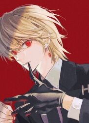Rule 34 | 1boy, absurdres, biting, black gloves, blonde hair, collared shirt, earrings, formal, from side, glove biting, gloves, hair between eyes, highres, hunter x hunter, jewelry, kurapika, looking at viewer, male focus, minato x3710, necktie, red background, red eyes, shirt, short hair, simple background, solo, suit, upper body, white shirt