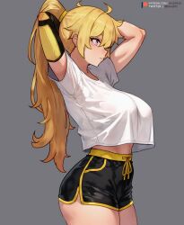 Rule 34 | 1girl, absurdres, ahoge, blonde hair, bluefield, breasts, commentary, cowboy shot, crop top, crop top overhang, english commentary, grey background, highres, large breasts, long hair, mechanical arms, patreon logo, patreon username, ponytail, rwby, short sleeves, shorts, simple background, single mechanical arm, solo, twitter username, yang xiao long