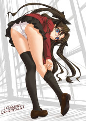 Rule 34 | 1girl, adjusting clothes, ass, bent over, bespectacled, black thighhighs, blue eyes, blush, brown hair, fate/stay night, fate (series), from behind, glasses, hair ribbon, inoue tomii, loafers, long hair, miniskirt, panties, ribbon, shoes, skirt, solo, striped, striped background, thighhighs, tohsaka rin, twintails, underwear, very long hair